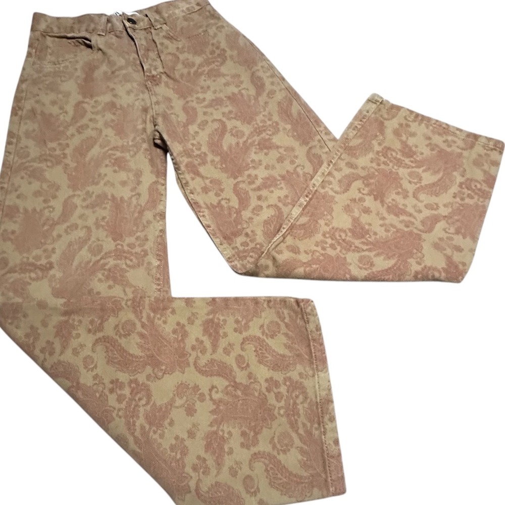 Zara Wide Leg Jeans Womens 27 Tan Paisley Excellent Retro Boho High Rise Denim